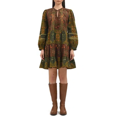 Celina Moon Floss Floral Long Sleeve Cotton Minidress In Brown