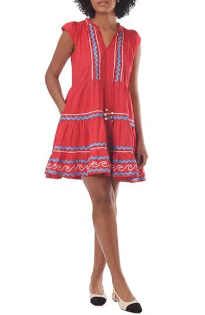 Celina Moon Floss Rickrack Ribbon Cotton Dress In Red