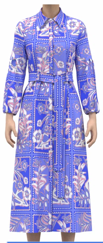 Celina Moon Long Sleeve Floral Stamp Print Shirt Dress In Blue In Multi
