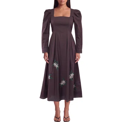 Celina Moon Mirellie Floral Embroidered Puff Sleeve Cotton Midi Dress In Brown