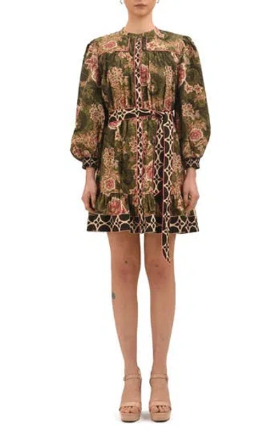 Celina Moon Rosette Floral Long Sleeve Minidress In Brown