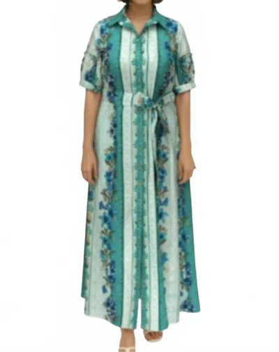 Celina Moon Short Sleeve Striped Floral Maxi Dress In Green Multi