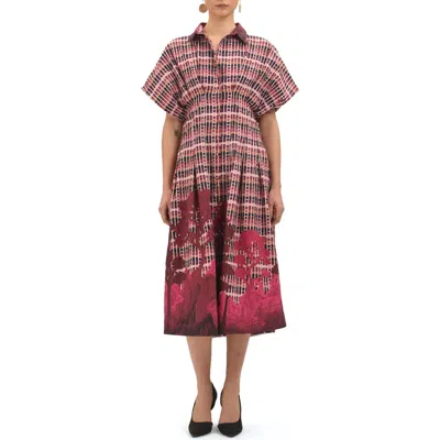 Celina Moon Tartan Embroidered Short Sleeve Cotton Shirtdress In Red