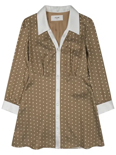Celine Silk Twill Mini Shirt Dress In Brown