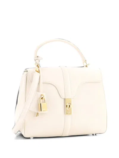 Pre-owned Celine 16 Top Handle Bag Grained Calfskin Small Satchel In White