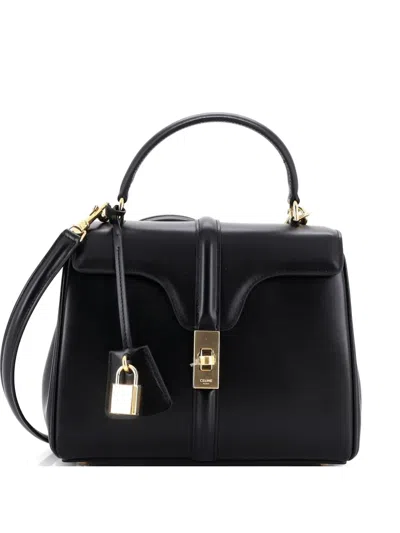 Pre-owned Celine 16 Top Handle Bag Smooth Calfskin Small Satchel In Black