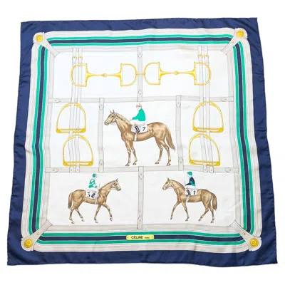 Pre-owned Celine 1970's  Equestrian Theme Square Silk Scarf In Gray