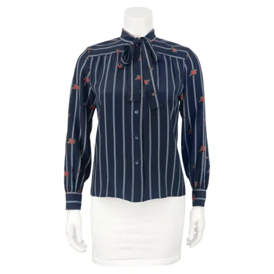 Pre-owned Celine 1970's  Navy Silk Neck Tie Shirt With Roses In Blue
