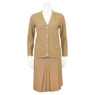 Pre-owned Celine 1970s  Beige Wool Cardigan And Gabardine Skirt Ensemble In Brown