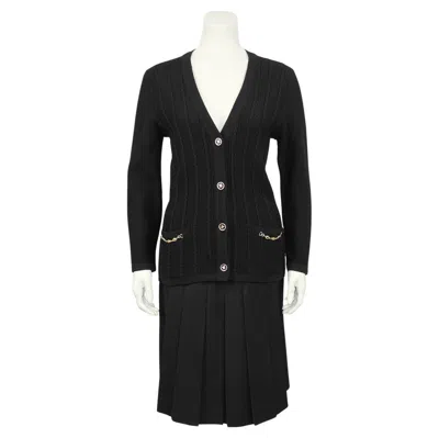 Pre-owned Celine 1970s  Black Wool Cardigan And Gabardine Skirt Ensemble