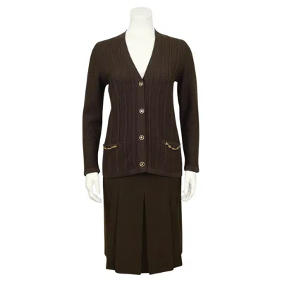 Pre-owned Celine 1970s  Chocolate Brown Wool Cardigan And Gabardine Skirt Ensemble
