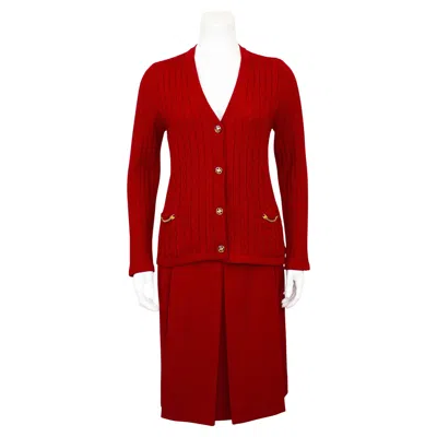 Pre-owned Celine 1970s  Crimson Red Wool Cardigan And Gabardine Skirt Ensemble