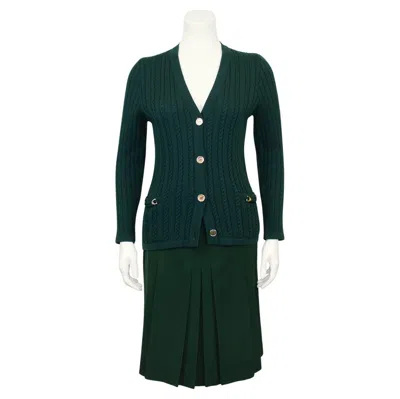 Pre-owned Celine 1970s  Forest Green Wool Cardigan And Gabardine Skirt Ensemble
