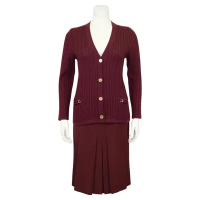 Pre-owned Celine 1970s  Maroon Wool Cardigan And Gabardine Skirt Ensemble In Red