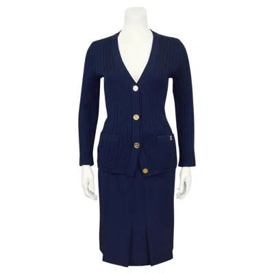 Pre-owned Celine 1970s  Navy Blue Wool Cardigan And Gabardine Skirt Ensemble