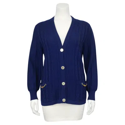 Pre-owned Celine 1970s  Navy Cable Knit Cardigan In Blue