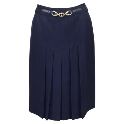 Pre-owned Celine 1970s  Navy Wool Gabardine Pleated Skirt In Blue