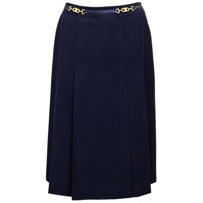 Pre-owned Celine 1970s  Navy Wool Gabardine Pleated Skirt In Blue