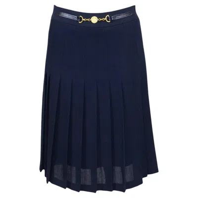 Pre-owned Celine 1970s  Pleated Navy Blue Wool Gabardine Skirt With Gold Belt