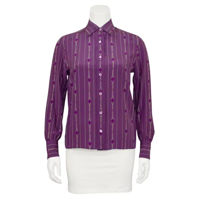 Pre-owned Celine 1970s  Purple Silk Blouse With Chainlink Pattern