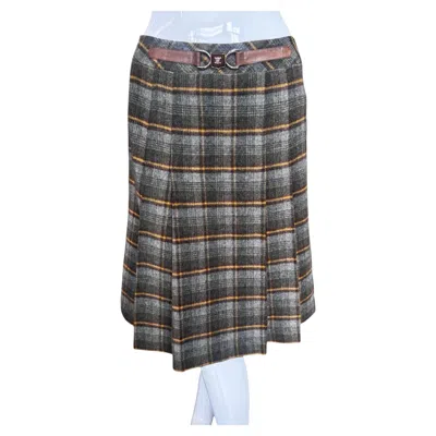 Pre-owned Celine 1970s Vintage Cashmere Plaid Pleated Skirt Women's Size 42 In Gray