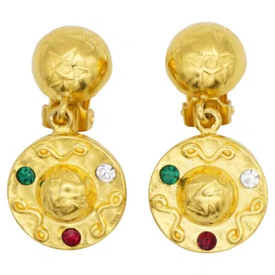 Pre-owned Celine 1989 Vintage Crystal Emerald Ruby Globe Celestial Stars Drop Earrings In Green
