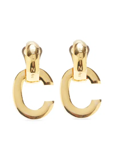 Pre-owned Celine 1990 Logo Clip-on Earrings In Gold