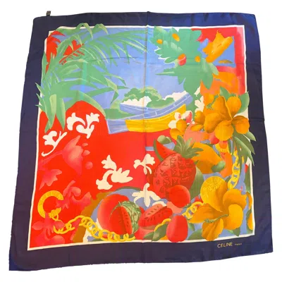 Pre-owned Celine 1990s Vintage Tropical Motif Silk Scarf For Women, Italy Made In Brown