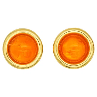 Pre-owned Celine 1992 Vintage Large Citrine Orange Cabochon Circle Gold Clip Earrings