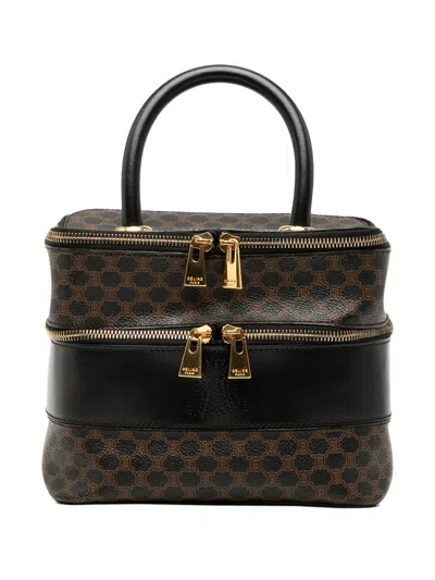 Pre-owned Celine 1996 Macadam Coated Canvas Double Zip Vanity Bag In Brown