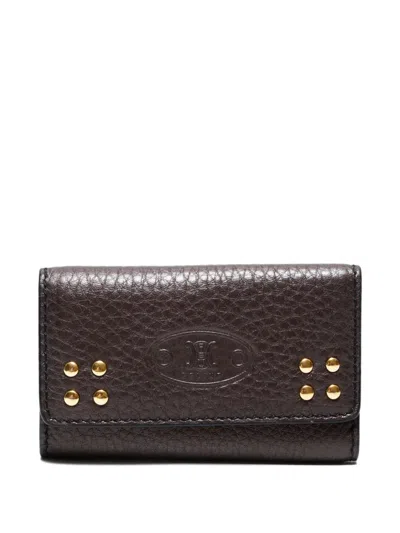 Pre-owned Celine 2000-2020 Triomphe Leather Studded Key Case In Brown