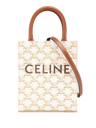 Pre-owned Celine 2000-2024 Mini Triomphe Coated Canvas Vertical Cabas Satchel In White