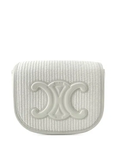 Pre-owned Celine 2000-2025 Medium Raffia Cuir Triomphe Folco Crossbody Bag In White