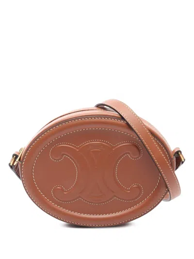 Pre-owned Celine 2000-2025 Small Calfskin Cuir Triomphe Oval Crossbody Bag In Brown