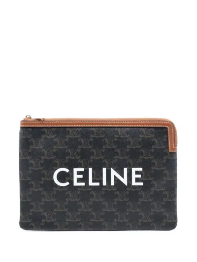 Pre-owned Celine 2000-2025 Small Triomphe Coated Canvas Clutch Bag In Brown