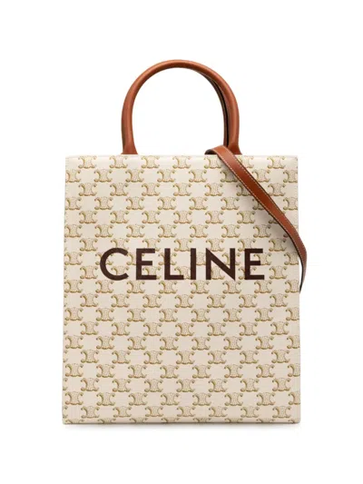 Pre-owned Celine 2000-2025 Small Triomphe Coated Canvas Vertical Cabas Satchel In White