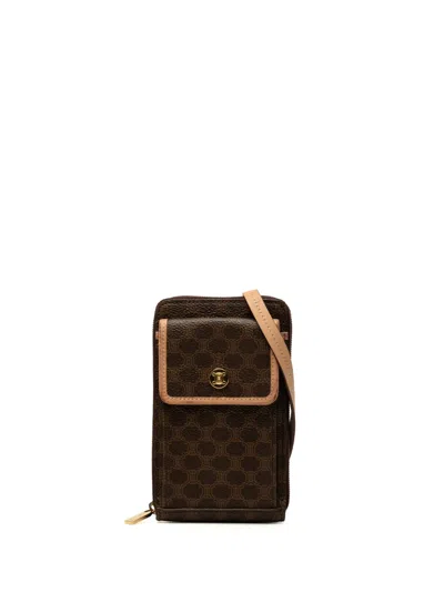 Pre-owned Celine 2000 Macadam Coated Canvas Wallet With Strap Crossbody Bag In Brown