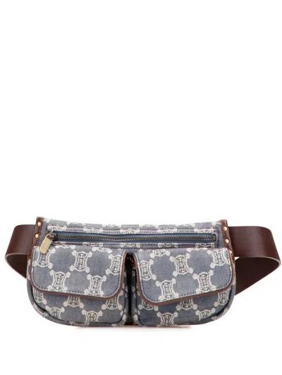 Pre-owned Celine 2000 Macadam Denim Double Pocket Belt Bag In Blue