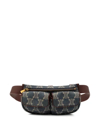 Pre-owned Celine 2000 Macadam Denim Double Pocket Belt Bag In Blue