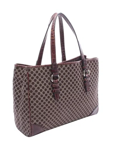Pre-owned Celine 2000-2026 Macadam Canvas And Croc-embossed Leather Tote Bag In Brown