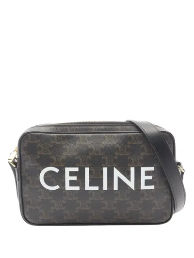 Pre-owned Celine 2000-2026 Medium Triomphe Coated Canvas Logo Crossbody Bag In Black