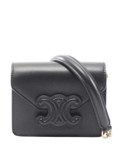 Pre-owned Celine 2000-2026 Mini Calfskin Cuir Triomphe Chain Crossbody Bag In Black