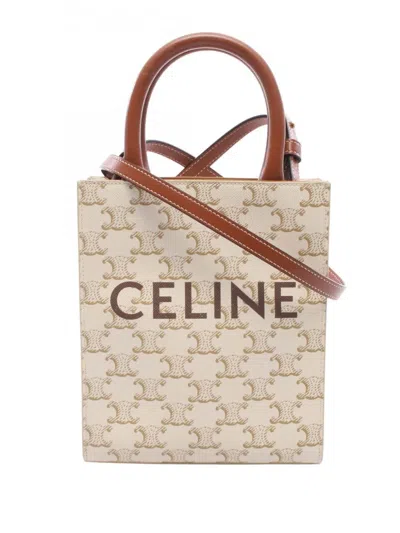 Pre-owned Celine 2000-2026 Mini Triomphe Coated Canvas Vertical Cabas Satchel In White