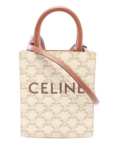 Pre-owned Celine 2000-2026 Mini Triomphe Coated Canvas Vertical Cabas Satchel In White