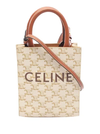 Pre-owned Celine 2000-2026 Mini Triomphe Coated Canvas Vertical Cabas Satchel In White