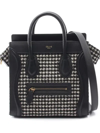 Pre-owned Celine 2000-2026 Nano Wool Houndstooth Luggage Tote Satchel In Black