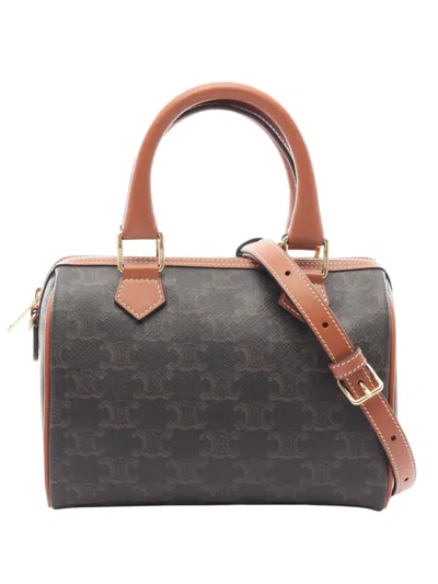 Pre-owned Celine 2000-2026 Small Triomphe Coated Canvas Boston Bag Satchel In Brown