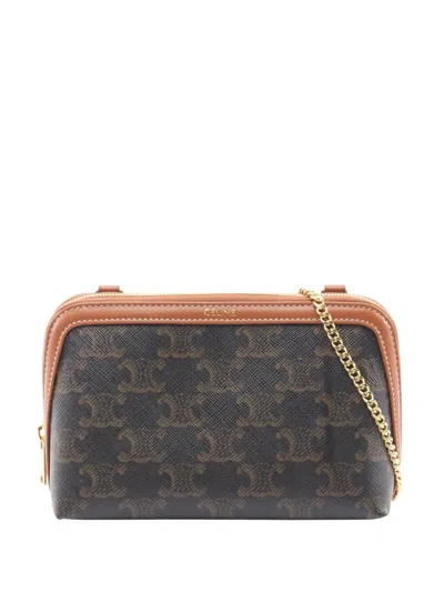 Pre-owned Celine 2000-2026 Triomphe Coated Canvas Clutch On Chain Crossbody Bag In Brown