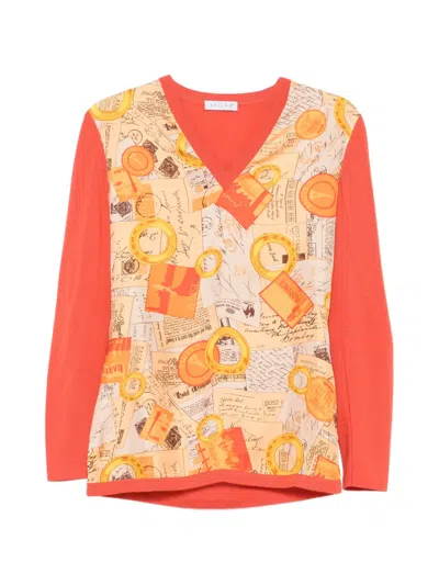 Pre-owned Celine 2000s Postcard-print Silk Sweater In Orange