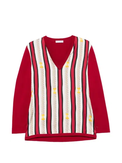 Pre-owned Celine 2000s Rope-print V-neck Sweater In Red